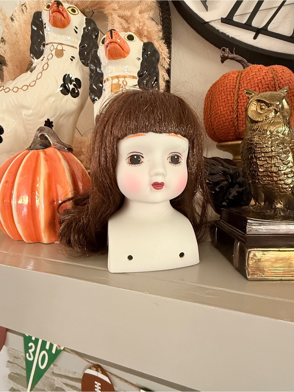 Vintage Porcelain Doll Head Display with Brown Hair-for Crafting - Picture 3 of 13